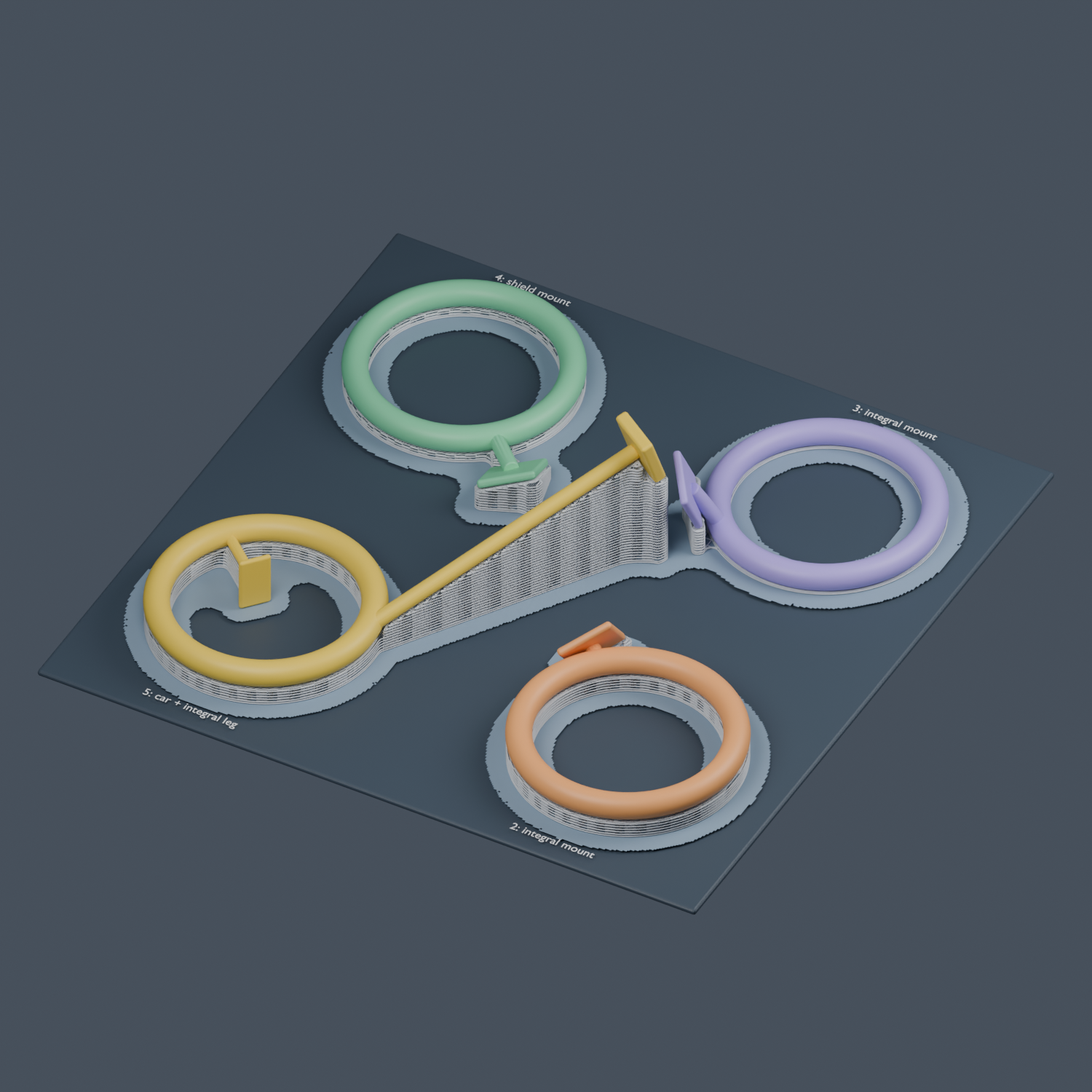 Blender print layout showing four complete ring assemblies with supports and rafts